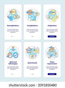 Problems to treat with the laser onboarding mobile app page screen set. Surgery walkthrough 6 steps graphic instructions with concepts. UI, UX, GUI vector template with linear color illustrations