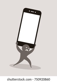 Problems, trouble, dangers and difficulties connected with usage of phones and smartphones - negative impact and side effect like phubbing, overuse. Vector illustration of user and heavy device