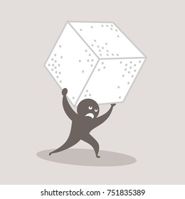 Problems, trouble, dangers and difficulties connected with sugar - sweet ingredient as unhealthy and harmful nourishment. Vector illustration of person and sugar cube