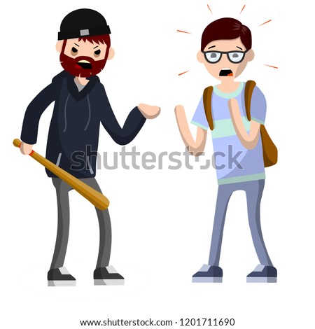 Problems of urban security. Crime on the streets. An aggressive man with a baseball bat threatens a student with a backpack. Extortion money bandit
