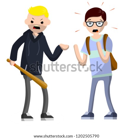 Problems of urban security. Crime on the streets. An aggressive man with a baseball bat threatens a student with a backpack. Extortion money bandit
