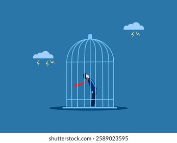 Problems, violence, businessman locked in a cage
