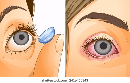 Problems wearing contact lenses. Dry eye. Inflammation of the eyes. Healthcare illustration. Vector illustration.