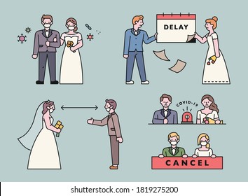 Problems in weddings due to coronavirus. flat design style minimal vector illustration.