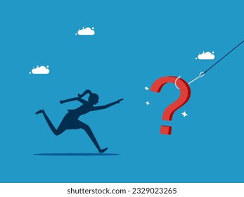 Problems. woman chasing a question mark on a hook