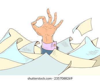 Problems at work can be solved. Deadlines add more worries. Okay sign among the heap of paper. Pop Art Retro Vector Illustration Kitsch Vintage 50s 60s Style. On a white background