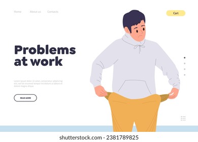 Problems at work landing page template with frustrated unhappy man employee character design