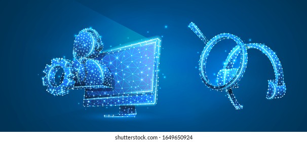 Problem-solution via Call center and Support manager trough computer monitor, Headphones with a microphone. Low poly, wireframe 3d vector illustration. Abstract polygonal image on white origami bg