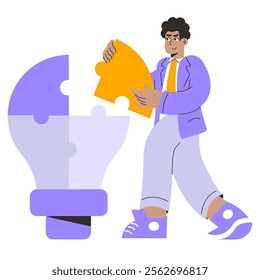 Problem-solving concept. A businessman fits a puzzle piece into a light bulb puzzle, representing solution and innovation. Vector illustration.
