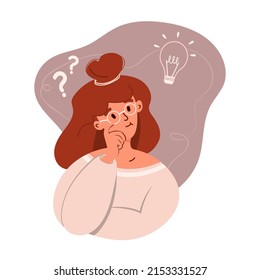 Problem-solving concept, thinking woman, with a question mark and light bulb icon. Creative idea. Flat vector illustration.
