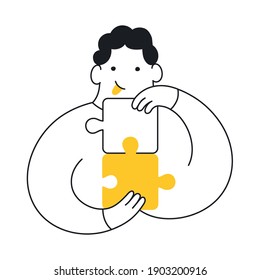 Problem-solving, cute cartoon man connecting puzzle pieces. Product management, challenge, problem-solving. Elegant vector illustration on white.