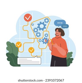 Concepto de dinámica de resolución de problemas. La mujer integra los cogs en el diagrama de flujo, optimizando los procesos. Pensamiento divergente, aumento de la eficiencia. Ilustración vectorial plana.