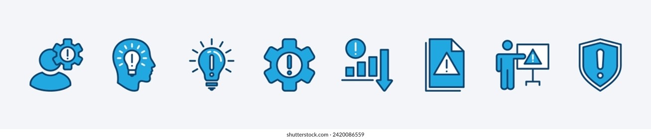 Problem-solving icons. Exclamation mark with bulb, settings, document, data, privacy, and security shield. Warning, risk, attention, and notice caution. Vector illustration