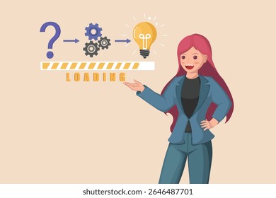 Problem-Solving Process: Woman Explaining Gears Leading to a Light Bulb Idea with Loading Bar