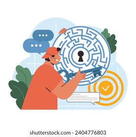 Problem-solving prowess. Man studying intricate maze, hunting for the locked solution. Diverse paths to one goal. Targeted strategy. Flat vector illustration