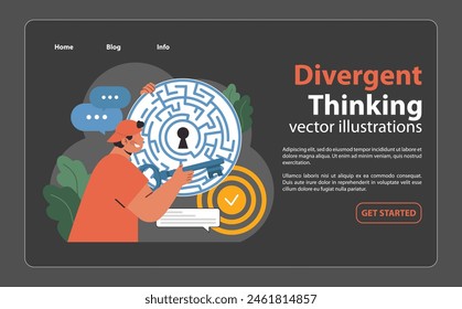 Problem-solving prowess. Man studying intricate maze, hunting for the locked solution. Diverse paths to one goal. Targeted strategy. Flat vector illustration