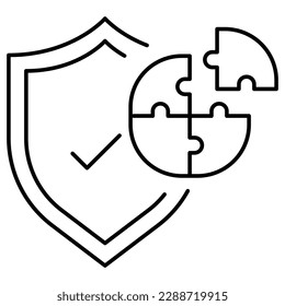Problem-solving security, Secure puzzle-solving, Shielded problem resolution, Safe collaboration, Protective puzzle-solving vector line icon with editable stroke.

