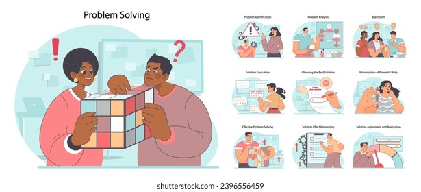 Problem-solving set. Critical thinking and strategy in challenges. Various steps to successful improvement, from identification to adaptation. Engaging analytical minds. Flat vector illustration