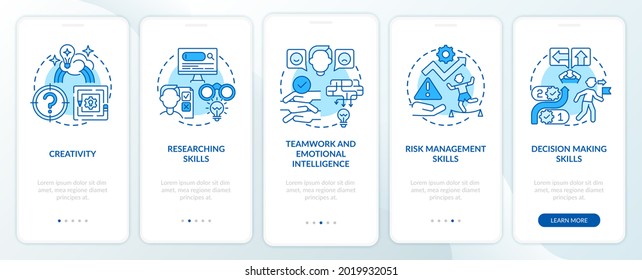 Problem-solving skills blue onboarding mobile app page screen with concepts. Decision making walkthrough 5 steps graphic instructions. UI, UX, GUI vector template with linear color illustrations