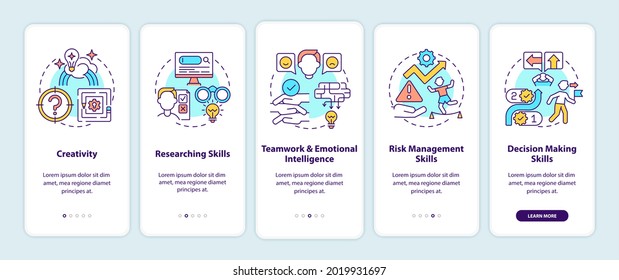 Problem-solving skills onboarding mobile app page screen with concepts. Decision making walkthrough 5 steps graphic instructions. UI, UX, GUI vector template with linear color illustrations