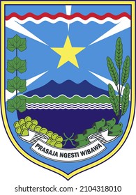 Probolinggo Regency Logo, White base ribbon containing the motto "PRASAJA NGESTI WIBAWA". The meaning of the motto: PRASAJA, means: unpretentious, open, honest, clean and frank. NGESTI, means: wanting