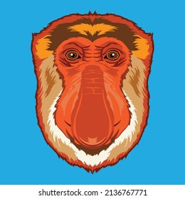 Proboscis Monkey Face Vector Illustration In Decoratice Style, Perfect For Tshirt Style And Mascot Logo