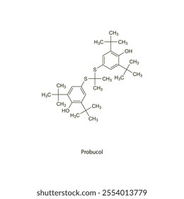 Probucol flat skeletal molecular structure antihyperlipidemic drug used in hyperlipidemia treatment. Vector illustration scientific diagram.