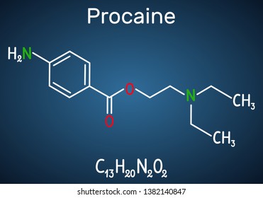 Procaine molecule. Is a local anesthetic drug. Structural chemical formula and molecule model on the dark blue background. Vector illustration