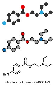 Procaine topical anesthetic drug molecule. Stylized 2D rendering and conventional skeletal formula.