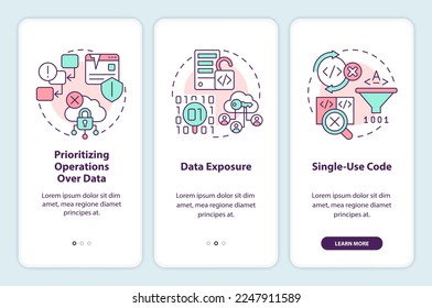 Procedural programming drawbacks onboarding mobile app screen. Walkthrough 3 steps editable graphic instructions with linear concepts. UI, UX, GUI template. Myriad Pro-Bold, Regular fonts used