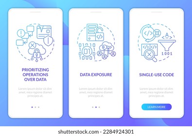 Procedural programming limitations blue gradient onboarding mobile app screen. Walkthrough 3 steps graphic instructions with linear concepts. UI, UX, GUI template. Myriad Pro-Bold, Regular fonts used