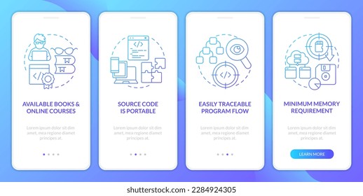 Procedural programming pros blue gradient onboarding mobile app screen. Walkthrough 4 steps graphic instructions with linear concepts. UI, UX, GUI template. Myriad Pro-Bold, Regular fonts used