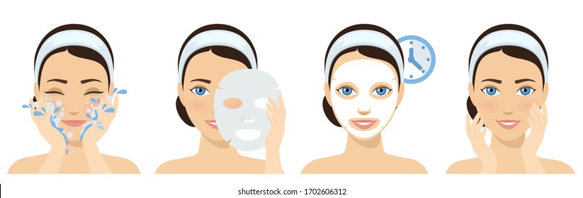 Procedure of applying face sheet mask. Facial mask with serum, skincare product. Vector