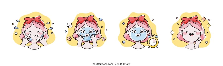 Procedure of Applying Facial Sheet Mask. Skin Care and Hygiene Routine. Cartoon cute vector instructions how to apply beauty face sheet mask. Set of isolated illustrations. 