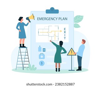 Verfahren der Evakuierung, Notkarte Vektorgrafik. Cartoon winzige Menschen mit Megaphone über sicheren Ausstieg aus dem Gebäude bei Katastrophen und Unfälle mit Pfeilen auf Bodenplan Plan Plan Plan Plan Plan Plan Plan Plan Plan.