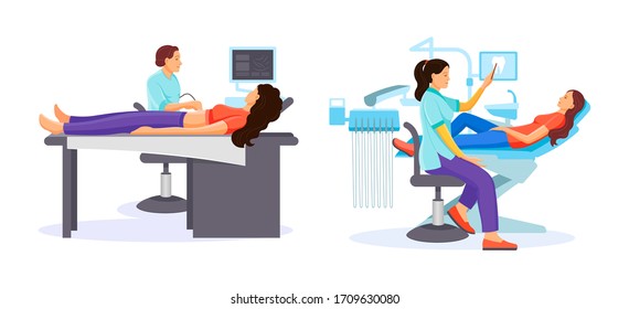 Procedure for examining ultrasound fetus screening medical checkup. Snapshot of internal organs,study of fetus. Dental commission. Dentist doing medical examination to girl. Medical check up vector