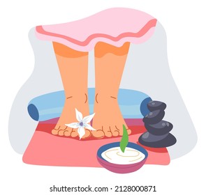 Procedimiento para los pies, masaje con piedras calientes y aromaterapia, sal aromática y frescura de las flores de loto. Tratamiento en salón de spa y efecto de mimo hidratante de lociones. Vector de estilo plano