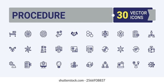 Procedure icons set in linear style. Includes icons for making, client, efficiency, innovation, project and more. Perfect for logos and infographics. Vector illustration in modern line style.