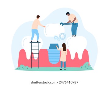 Procedure of installing dental implant in clinic, orthopedic treatment. Tiny people install prosthesis with crown, fixture and abutment in gum instead of missing tooth, cartoon vector illustration