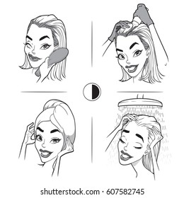 procedure, instruction for coloring hair, girls, comics, guide, help, hair, beauty, apply, wait, rinse, girl, comic, black-and-white, rule