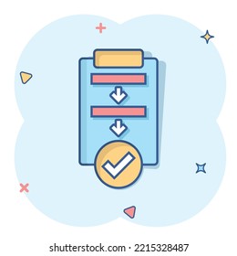 Procedure list icon in comic style. Document project cartoon vector illustration on white isolated background. Checklist splash effect business concept.