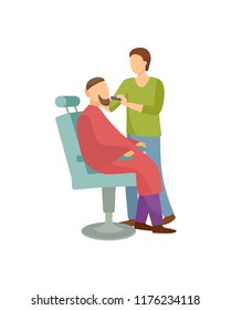 Procedure for men in barber shop cartoon banner isolated vector. Hairdresser shaving bearded client sitting in armchair covered by cloth, hipster man salon
