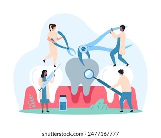 Procedimiento de extracción de dientes podridos en clínica odontológica, tratamiento de caries y dolor dental por odontólogos. Las personas diminutas jalan y extraen el diente enfermo con fórceps de cirujano en la Ilustración vectorial de dibujos animados hospitalaria