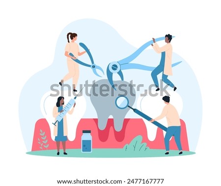 Procedure of rotten tooth extraction in dental clinic, caries and toothache treatment by dentists. Tiny people pull and remove sick tooth with surgeon forceps in hospital cartoon vector illustration