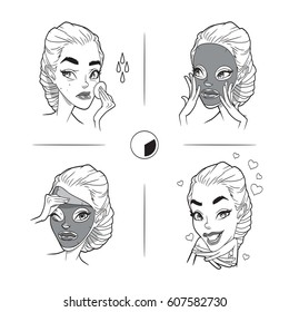 procedures, instructions, cosmetic facial mask, clay, pimples, wrinkles, acne, smooth, moisturizing, cleansing, rejuvenating, beauty, cleanse, apply, wait, rinse, girls, comics, care