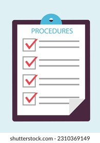 Procedures and plan document with checklist and checkmark in document with paper in clipboard and checklist tick mark with checkbox of procedure. Tick mark in checkbox and checklist in clipboard.