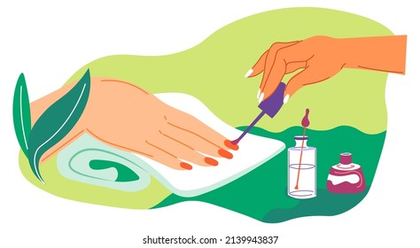 Procedures in spa or beauty salon, beautician polishing nails applying color. Client relaxing on treatment, glamour and exceptional service for loyal clients. Vector in flat style illustration