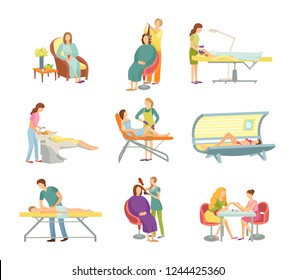 Procedures in spa and beauty salon isolated vector set. Specialist in uniform and rubber gloves and client on armchair or table, manicure and pedicure