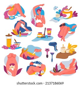 Procedures in spa salon for silky legs without hair. Isolated depilation and waxing, woman shaving under armpit. Specialist using laser, health and cosmetology, essence oils. Vector in flat style
