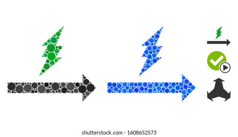 Proceed composition of round dots in variable sizes and color tints, based on proceed icon. Vector round dots are grouped into blue illustration. Dotted proceed icon in usual and blue versions.